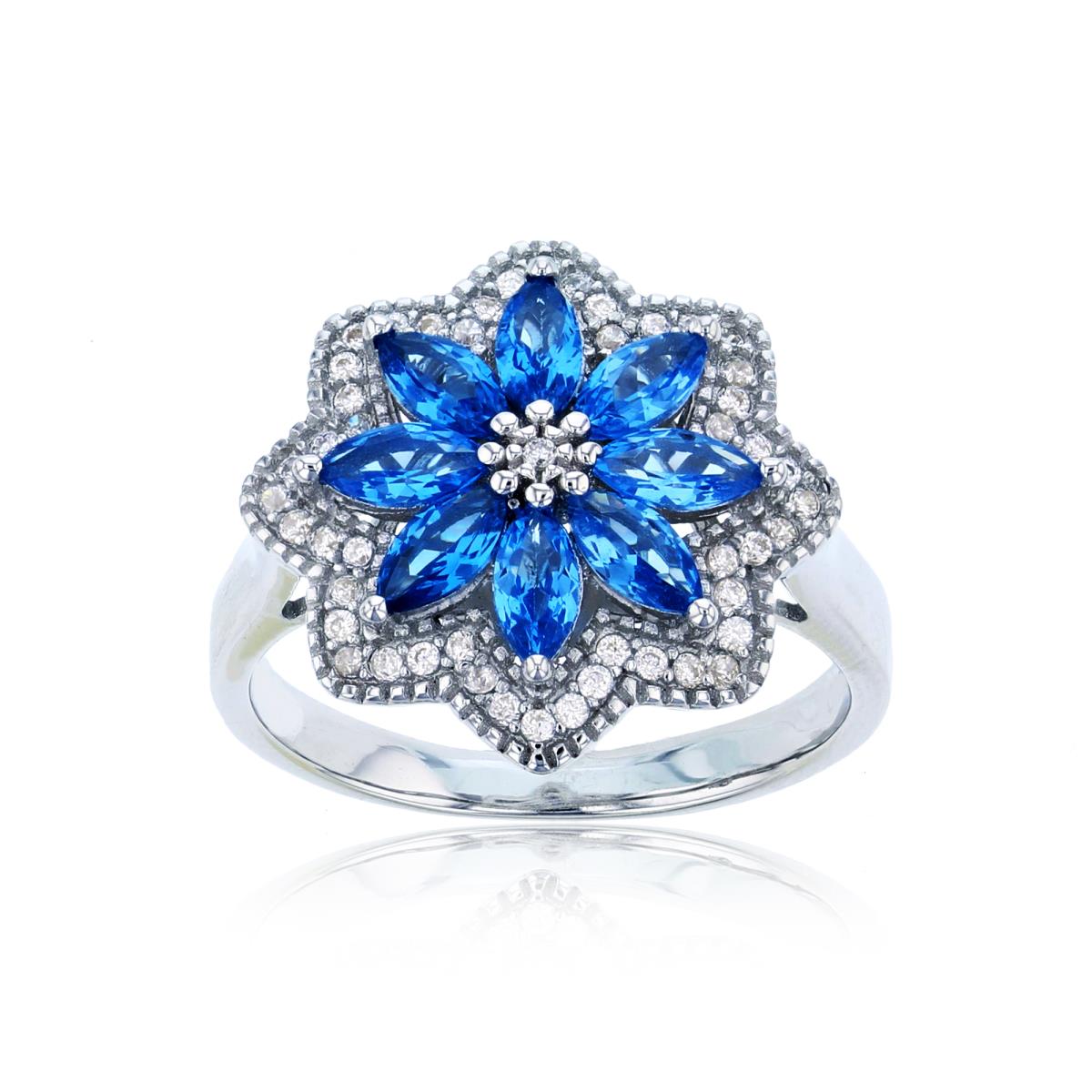 Sterling Silver Rhodium CZ MQ/Rnd Blue Spinel & White Flower Ring