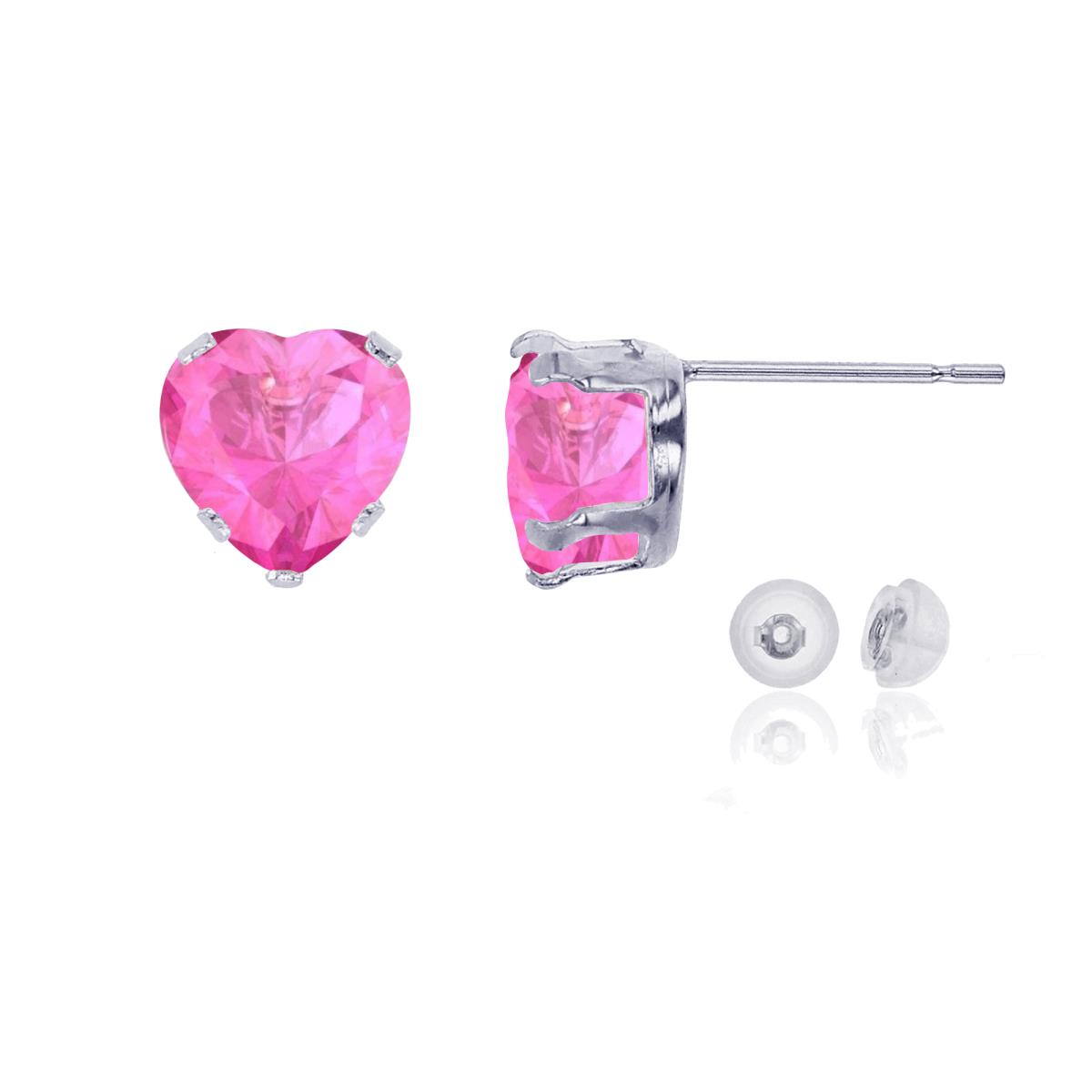 14K White Gold 6x6mm Heart Cr Pink Sapphire Stud Earring with Silicone Back