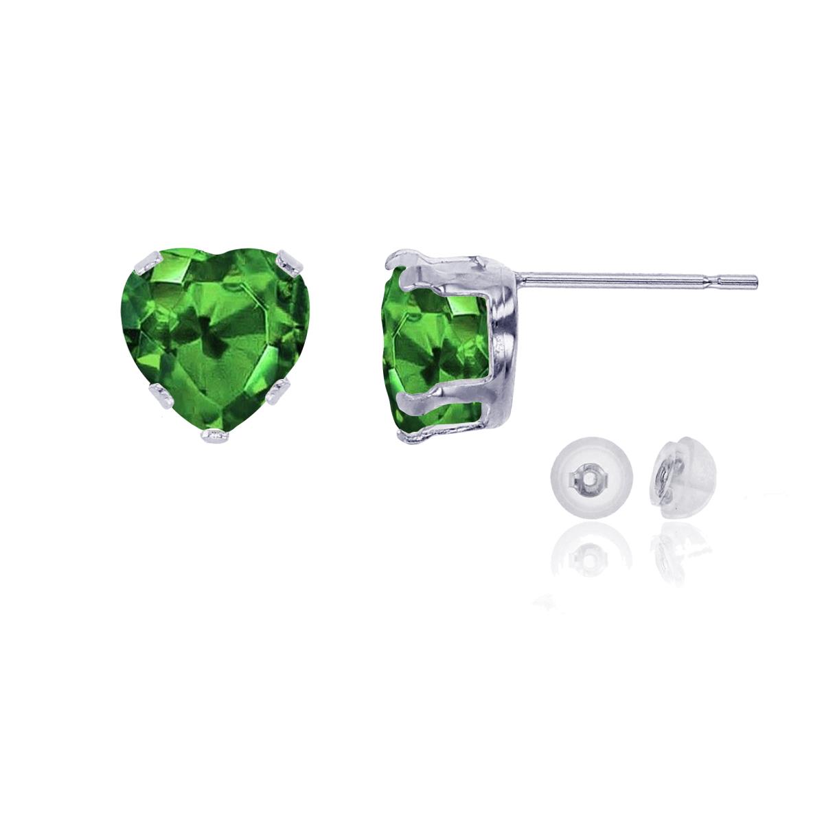 14K White Gold 6x6mm Heart Cr Emerald Stud Earring with Silicone Back