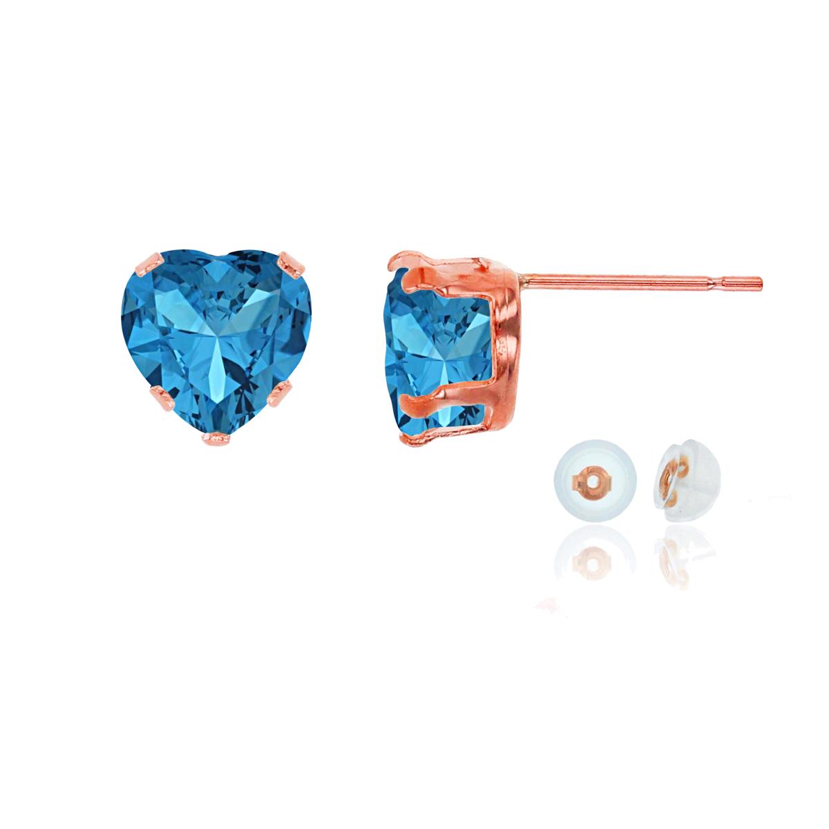 14K Rose Gold 6x6mm Heart Swiss Blue Topaz Stud Earring with Silicone Back
