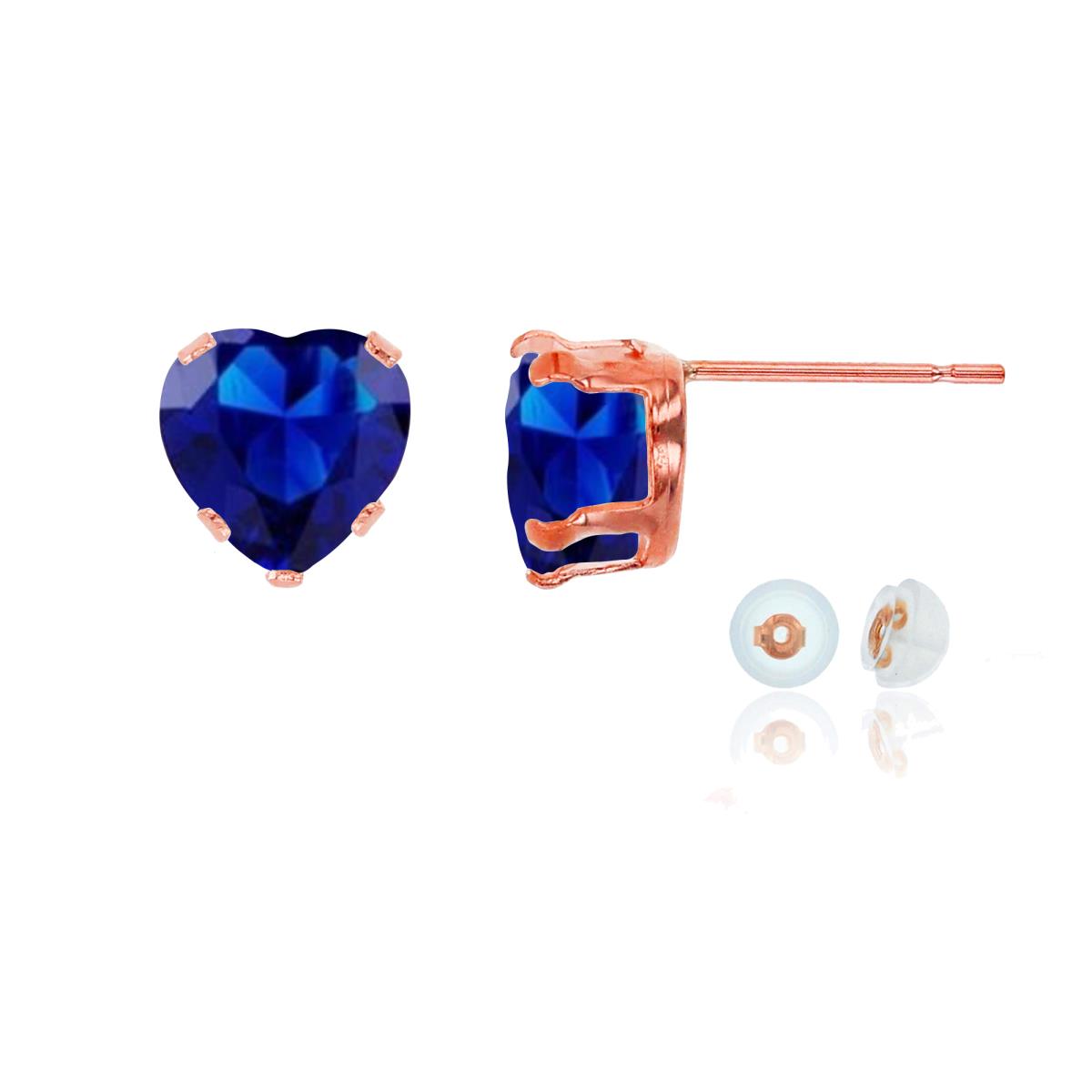 14K Rose Gold 6x6mm Heart Cr Blue Sapphire Stud Earring with Silicone Back