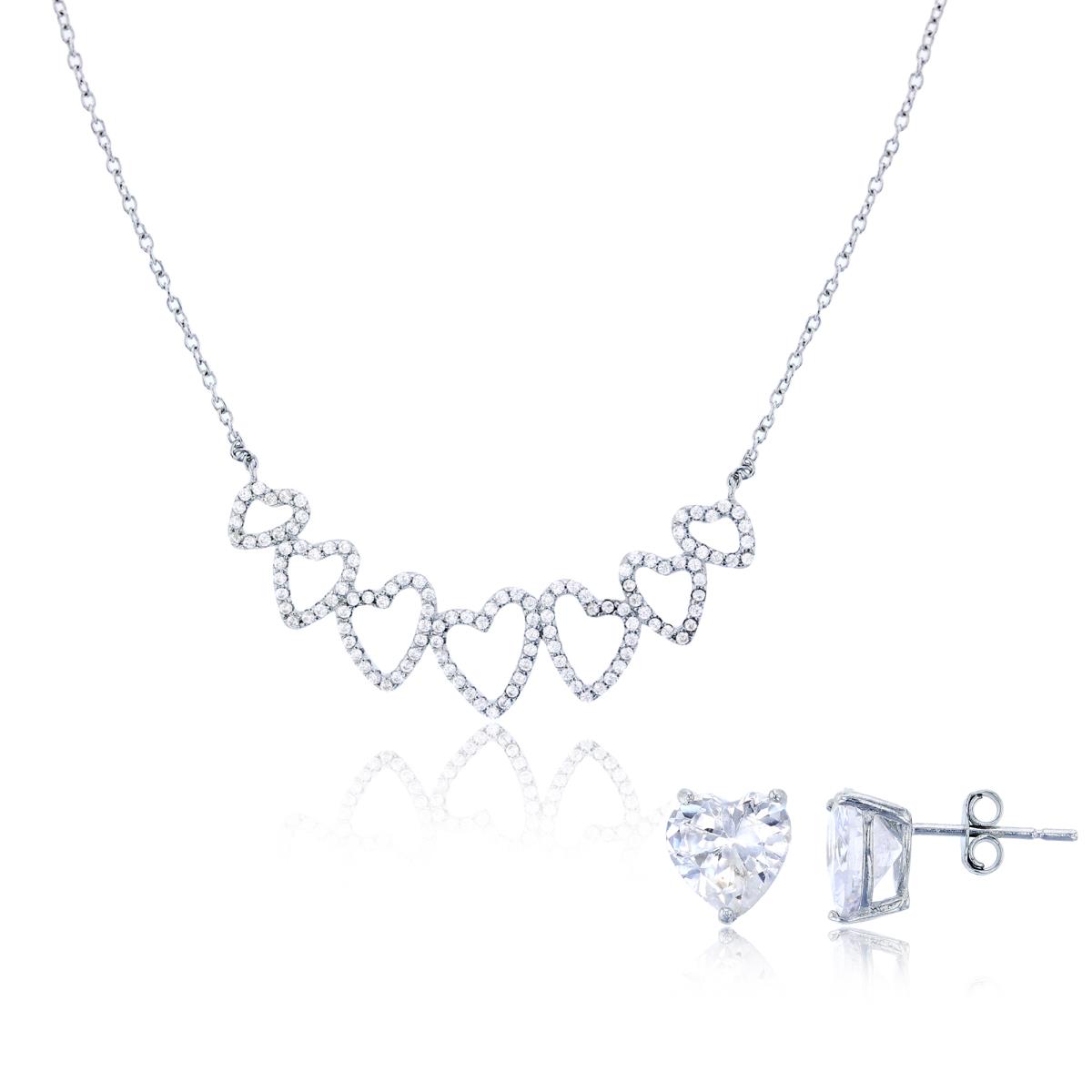 Sterling Silver Rhodium Rd CZ 7-Split Hearts 18" Necklace & 8mm Heart Solitaire Stud Earring Set