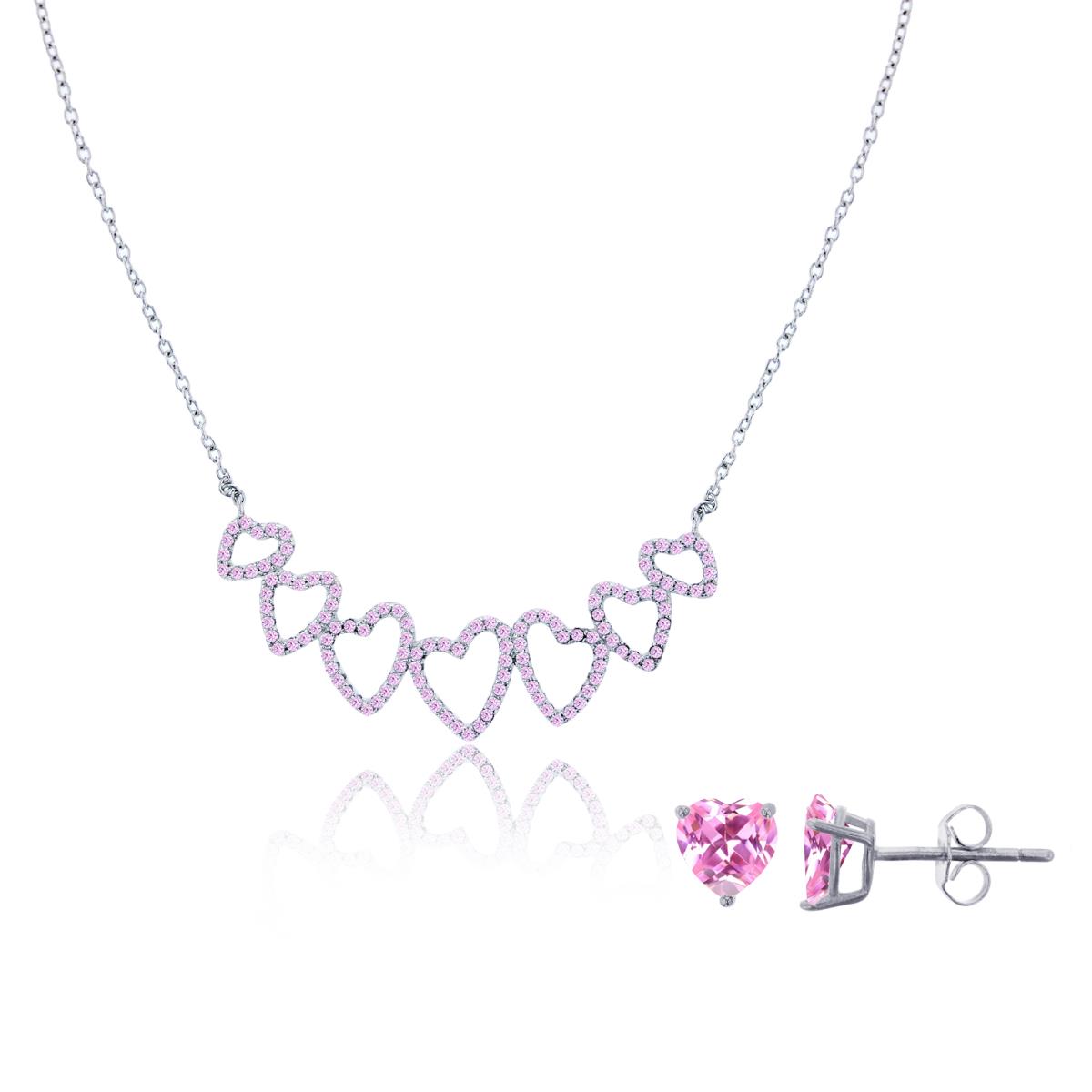 Sterling Silver Rhodium Rd Pink CZ 7-Split Hearts 18" Necklace & 8mm Pink Heart Solitaire Stud Earring Set