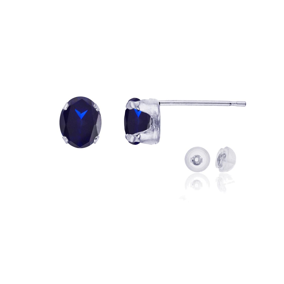 14K White Gold 6x4mm Oval Cr Blue Sapphire Stud Earring with Silicone Back