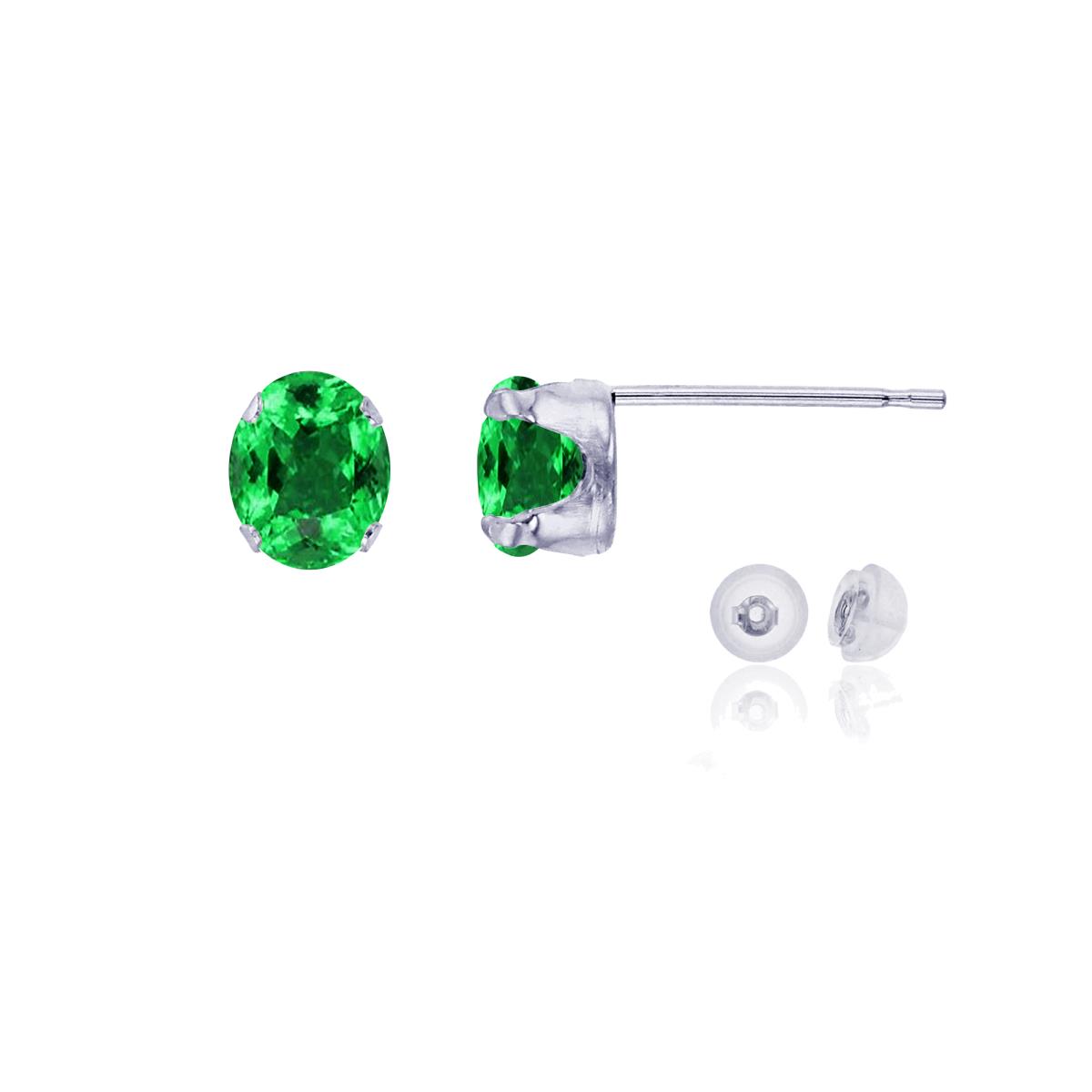 14K White Gold 6x4mm Oval Cr Emerald Stud Earring with Silicone Back