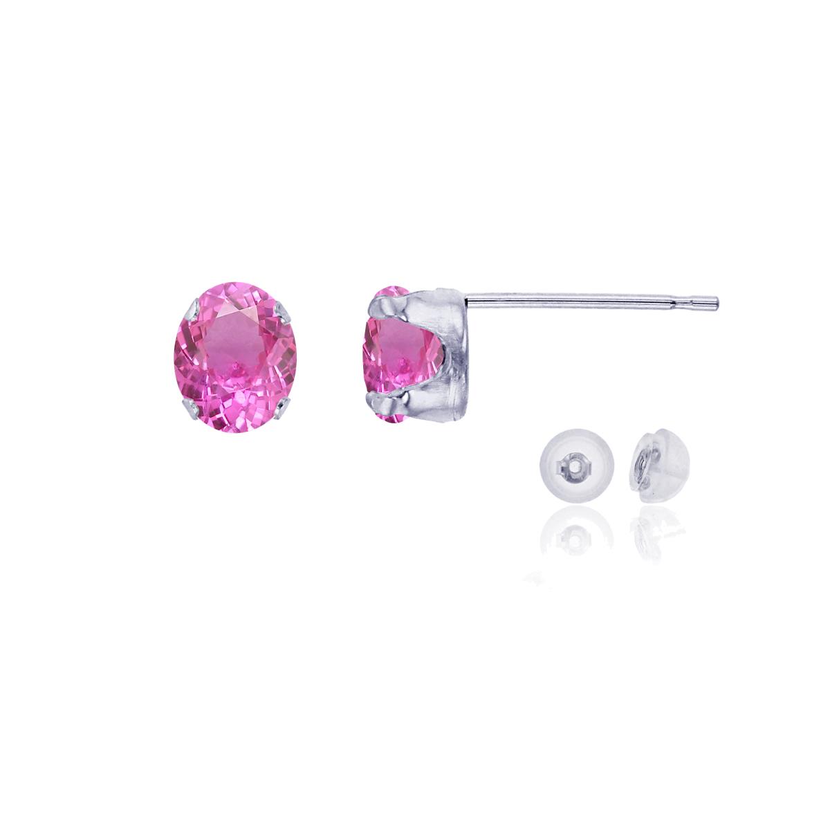 14K White Gold 6x4mm Oval Cr Pink Sapphire Stud Earring with Silicone Back