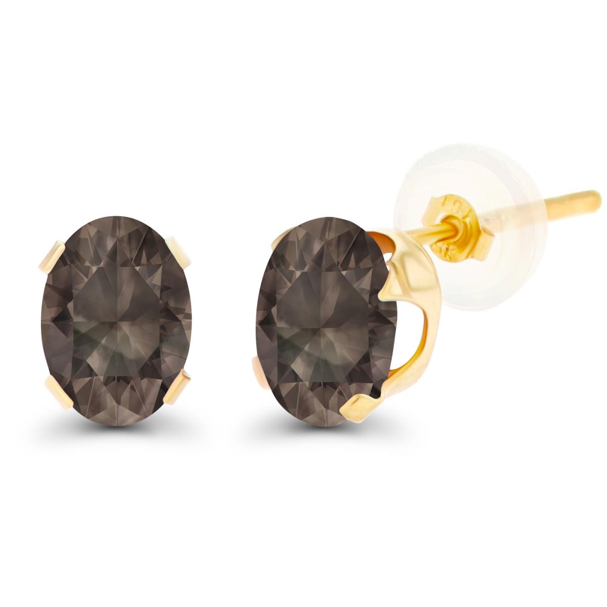 14K Yellow Gold 7x5mm Oval Smokey Quartz Stud Earring with Silicone Back