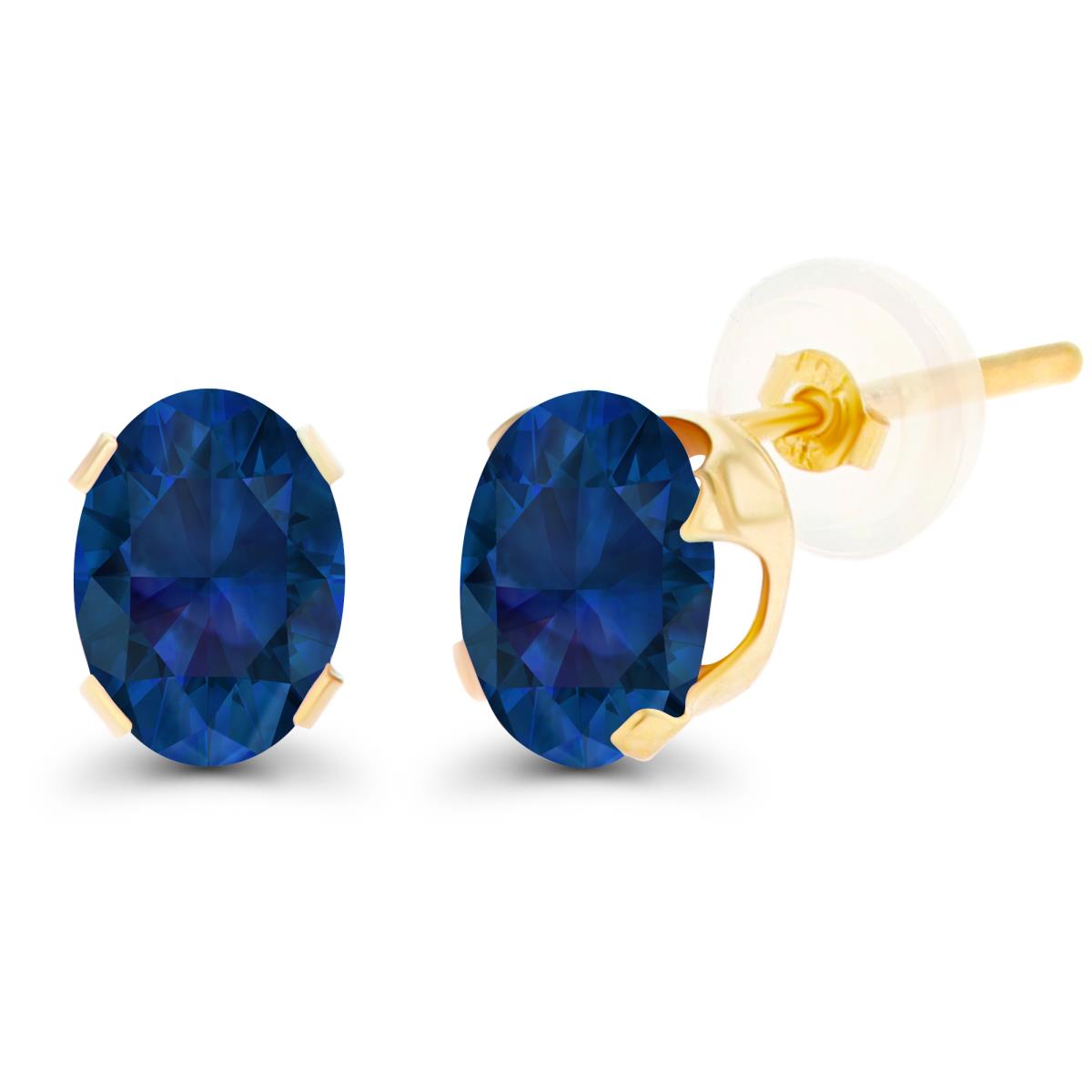 14K Yellow Gold 7x5mm Oval Cr Blue Sapphire Stud Earring with Silicone Back