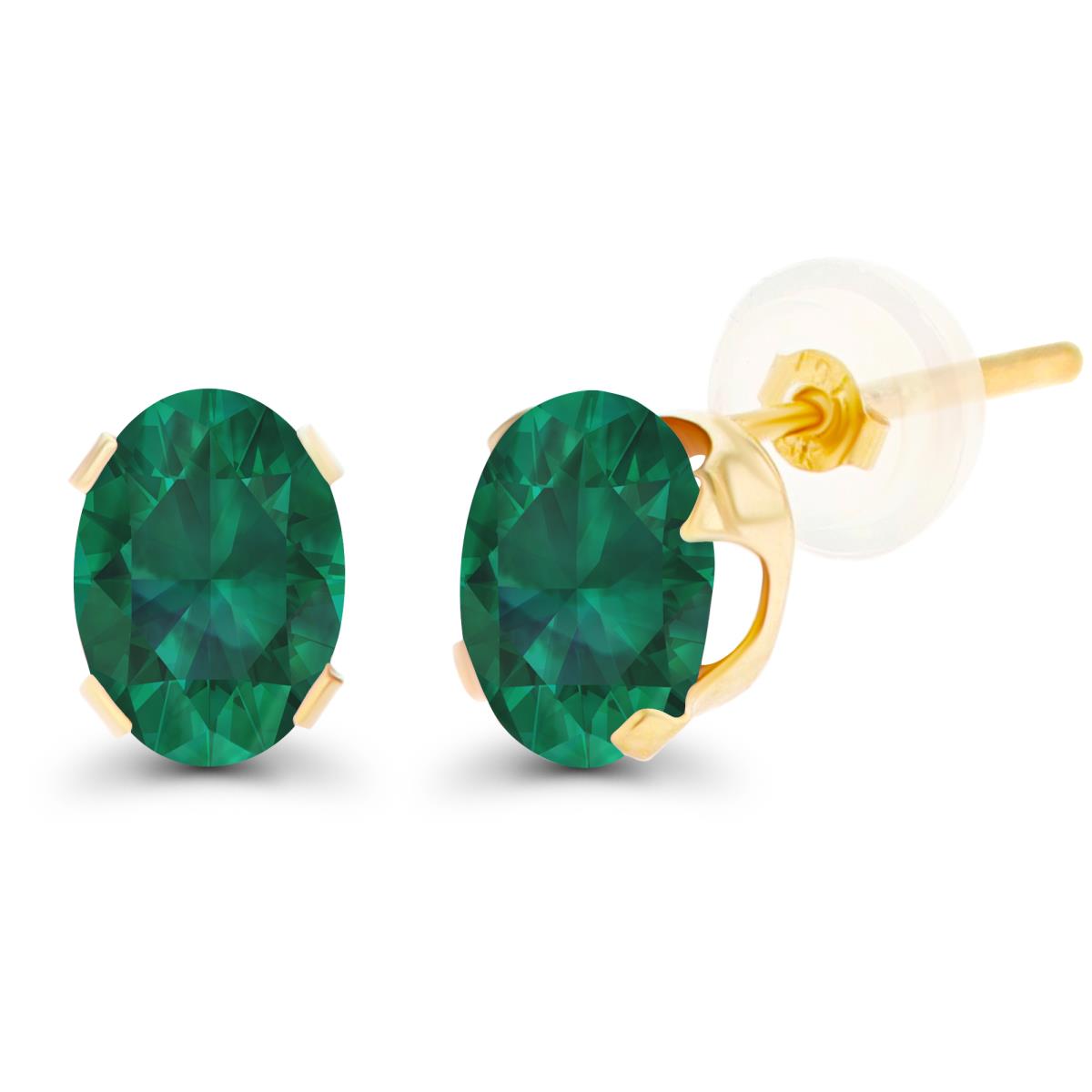 14K Yellow Gold 7x5mm Oval Cr Emerald Stud Earring with Silicone Back
