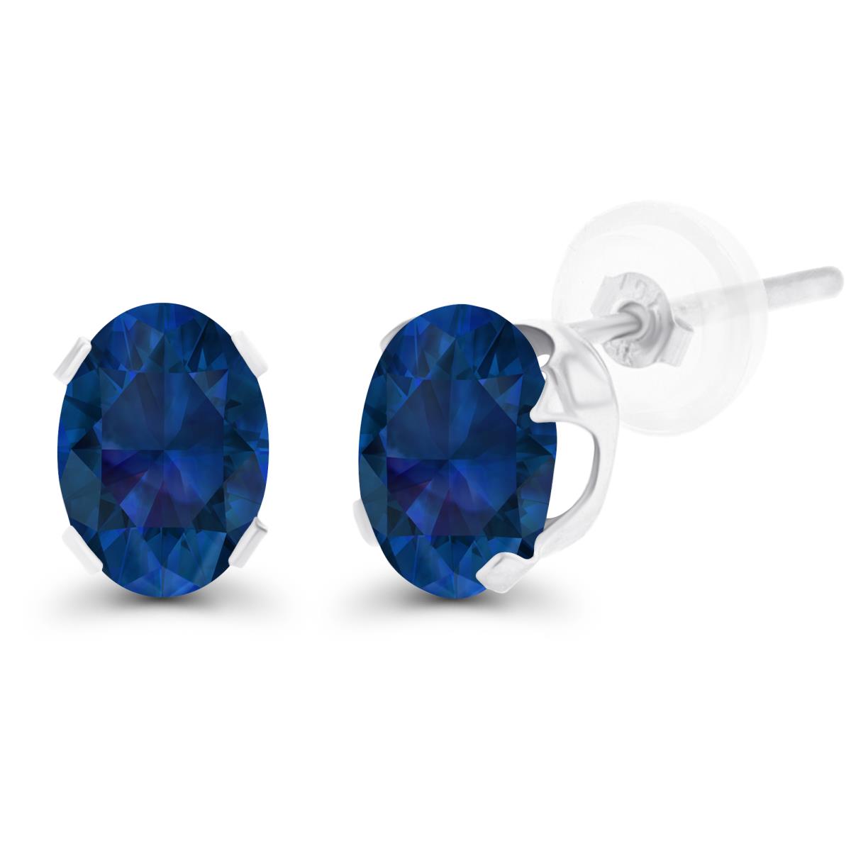 14K White Gold 7x5mm Oval Cr Blue Sapphire Stud Earring with Silicone Back
