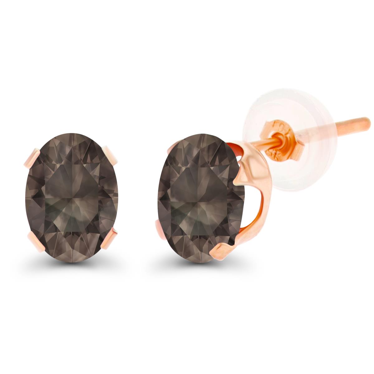 14K Rose Gold 7x5mm Oval Smokey Quartz Stud Earring with Silicone Back