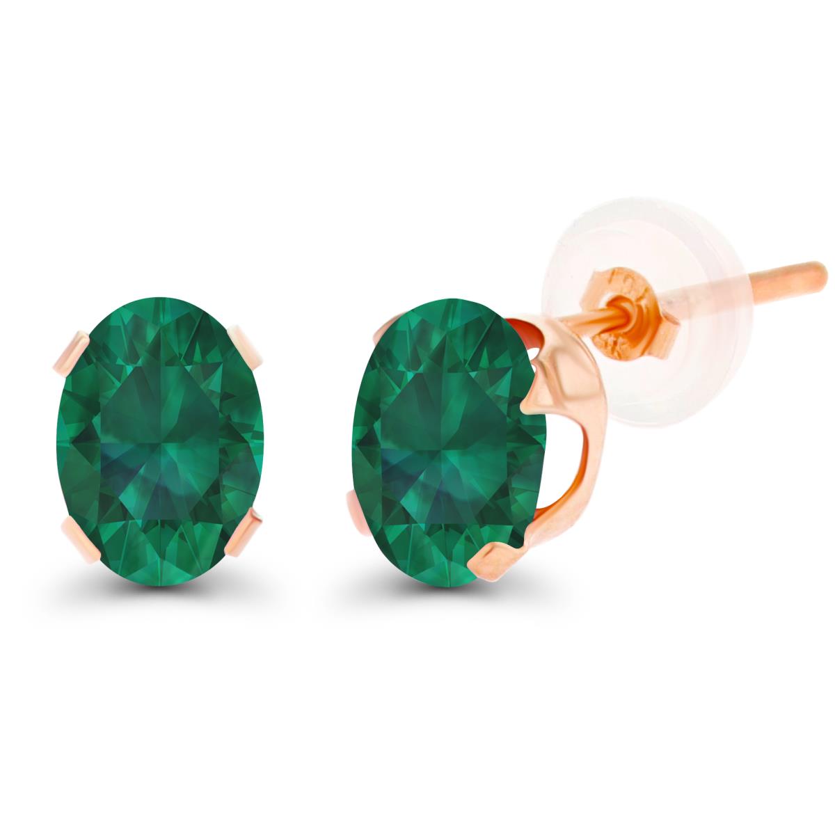 14K Rose Gold 7x5mm Oval Cr Emerald Stud Earring with Silicone Back