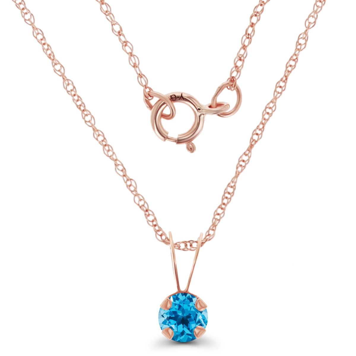 14K Rose Gold 4mm Round Swiss Blue Topaz 18" Rope Chain Necklace