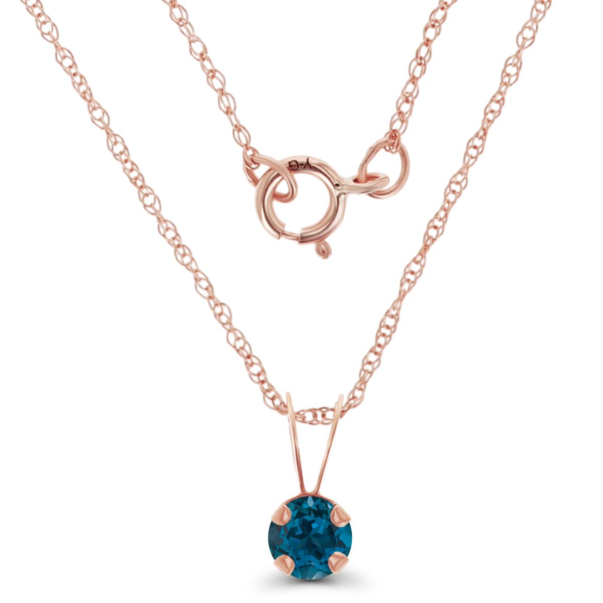 14K Rose Gold 4mm Round London Blue Topaz 18" Rope Chain Necklace