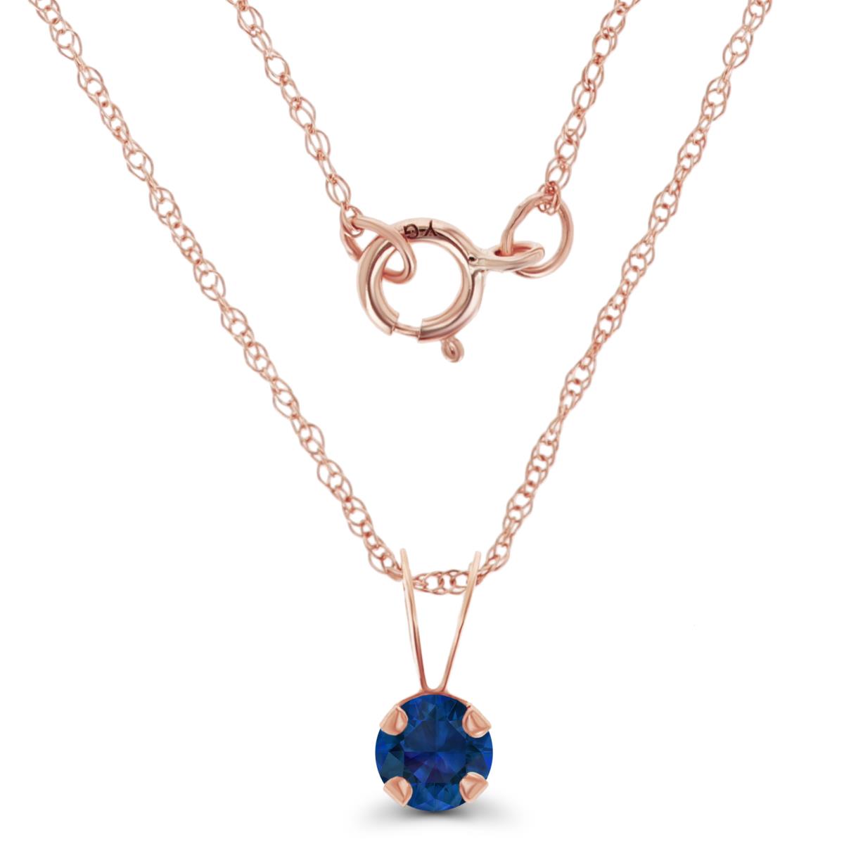 14K Rose Gold 4mm Round Cr Blue Sapphire 18" Rope Chain Necklace