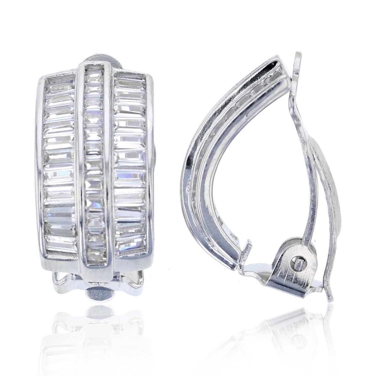 Sterling Silver Rhodium Baguette CZ Channel Set Non-Pierced Clip Earring