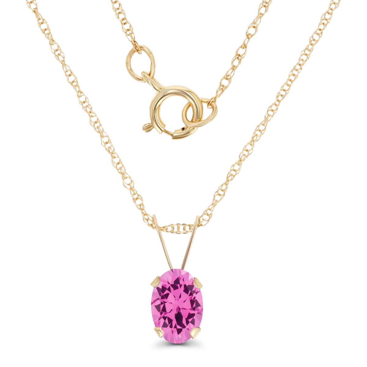 14K Yellow Gold 6x4mm Oval Cr Pink Sapphire 18" Rope Chain Necklace
