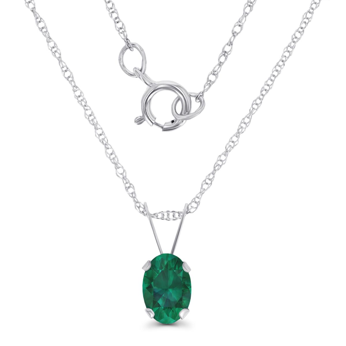 14K White Gold 6x4mm Oval Cr Emerald 18" Rope Chain Necklace