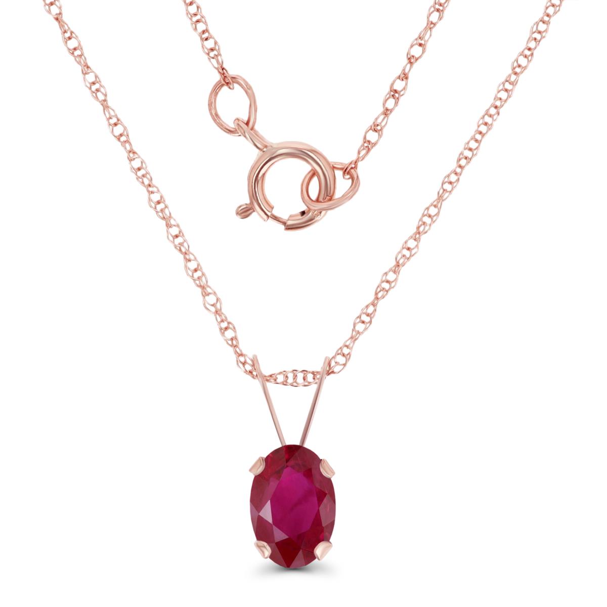 14K Rose Gold 6x4mm Oval Glass Filled Ruby 18" Rope Chain Necklace
