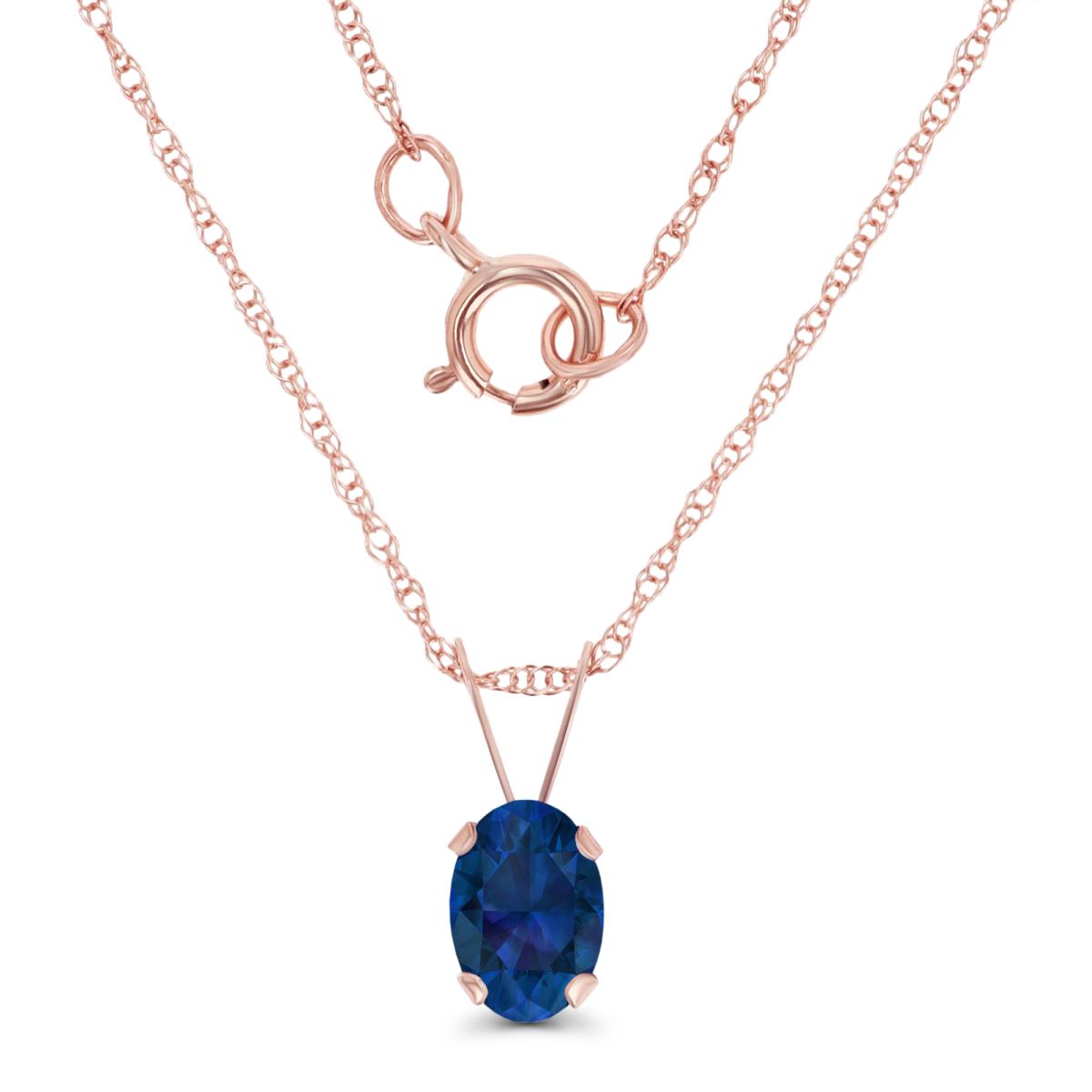 14K Rose Gold 6x4mm Oval Cr Blue Sapphire 18" Rope Chain Necklace