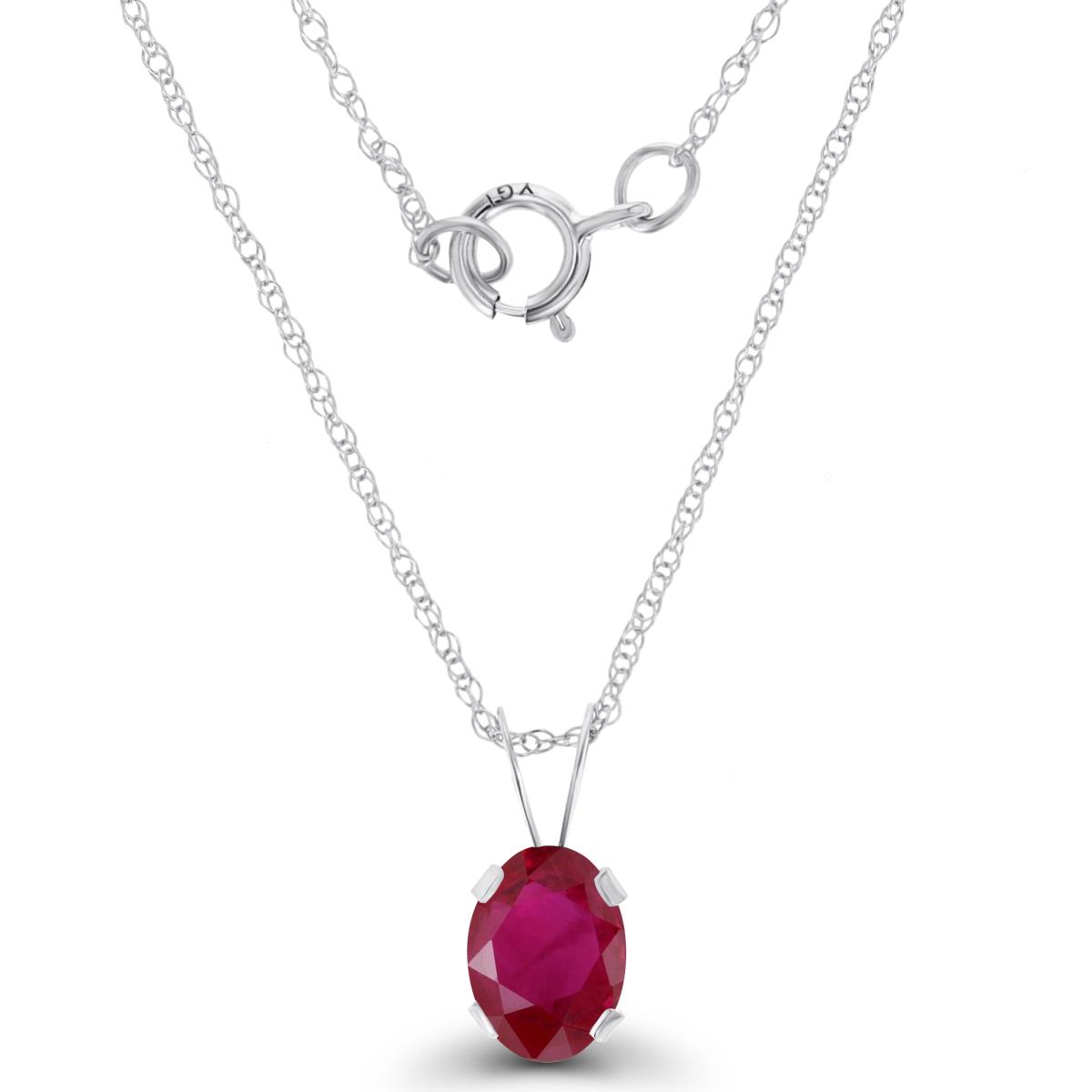 14K White Gold 7x5mm Oval Glass Filled Ruby 18" Rope Chain Necklace