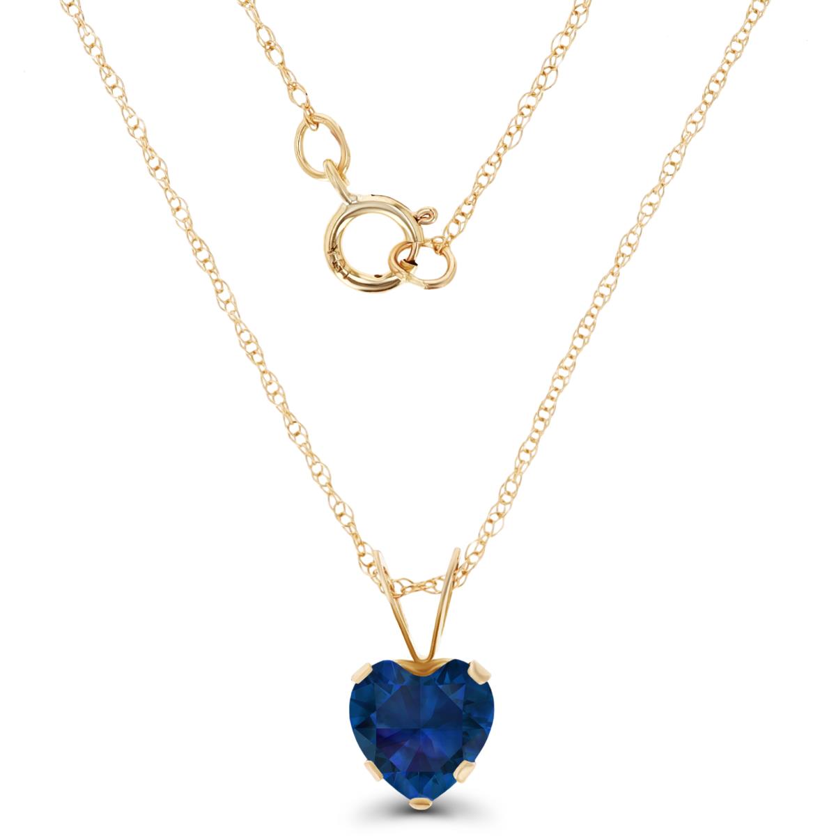 14K Yellow Gold 6x6mm Heart Cr Blue Sapphire 18" Rope Chain Necklace