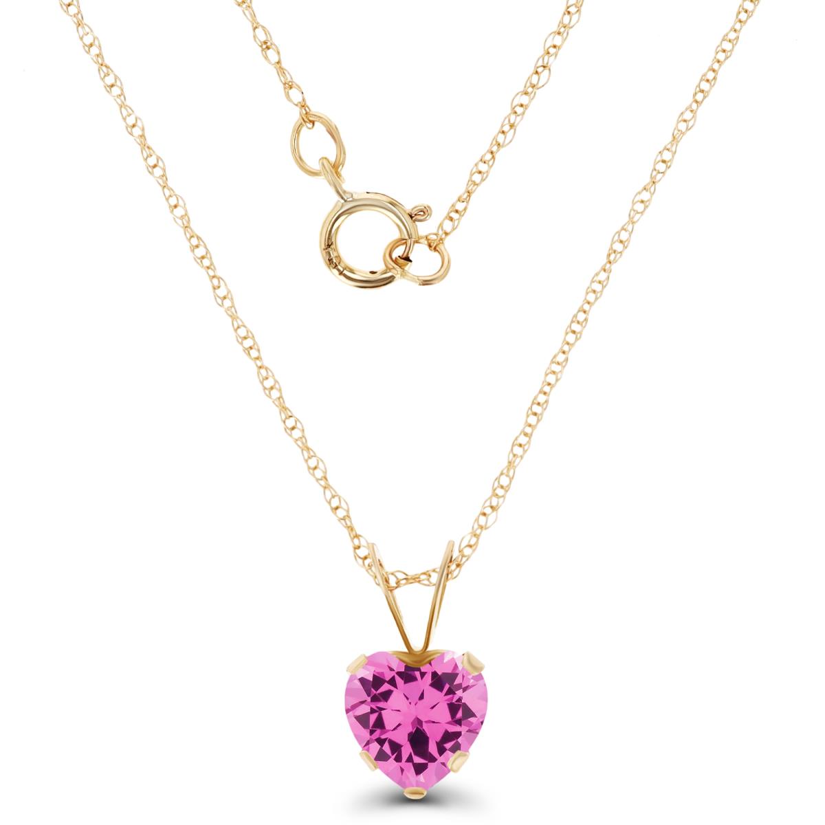 14K Yellow Gold 6x6mm Heart Cr Pink Sapphire 18" Rope Chain Necklace