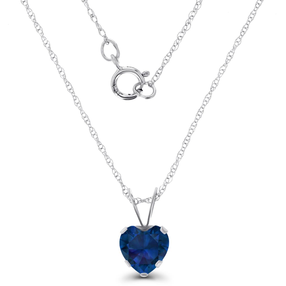 14K White Gold 6x6mm Heart Cr Blue Sapphire 18" Rope Chain Necklace