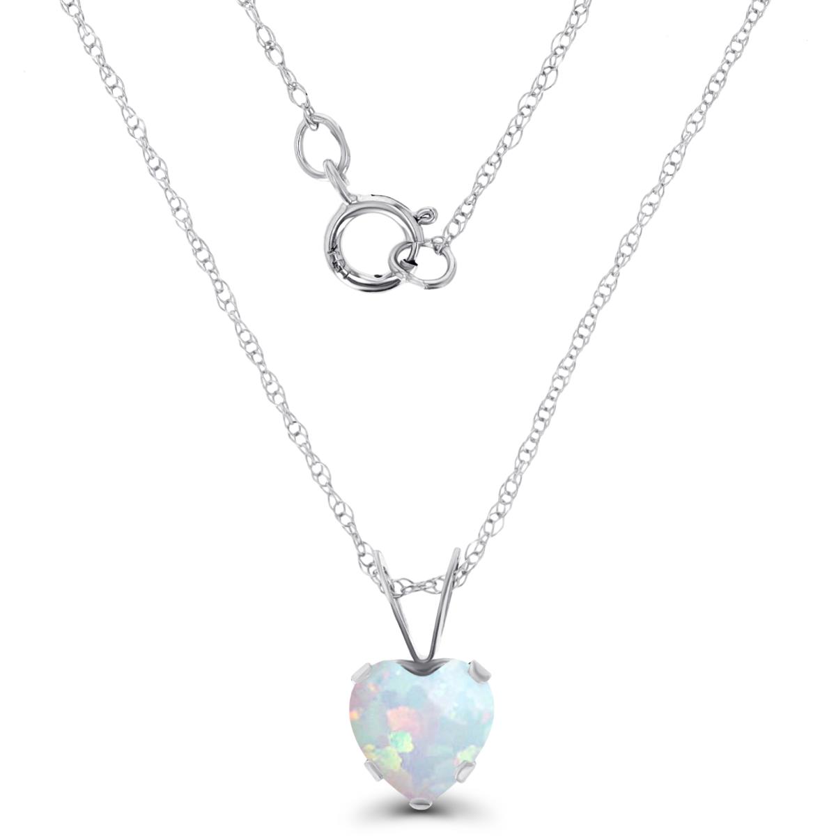 14K White Gold 6x6mm Heart Cr Opal 18" Rope Chain Necklace