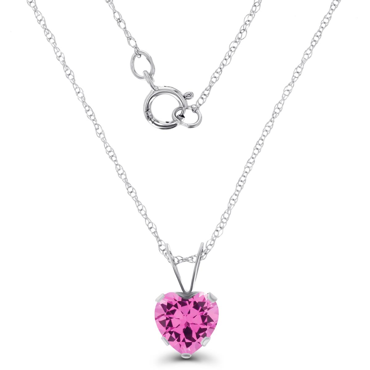 14K White Gold 6x6mm Heart Cr Pink Sapphire 18" Rope Chain Necklace
