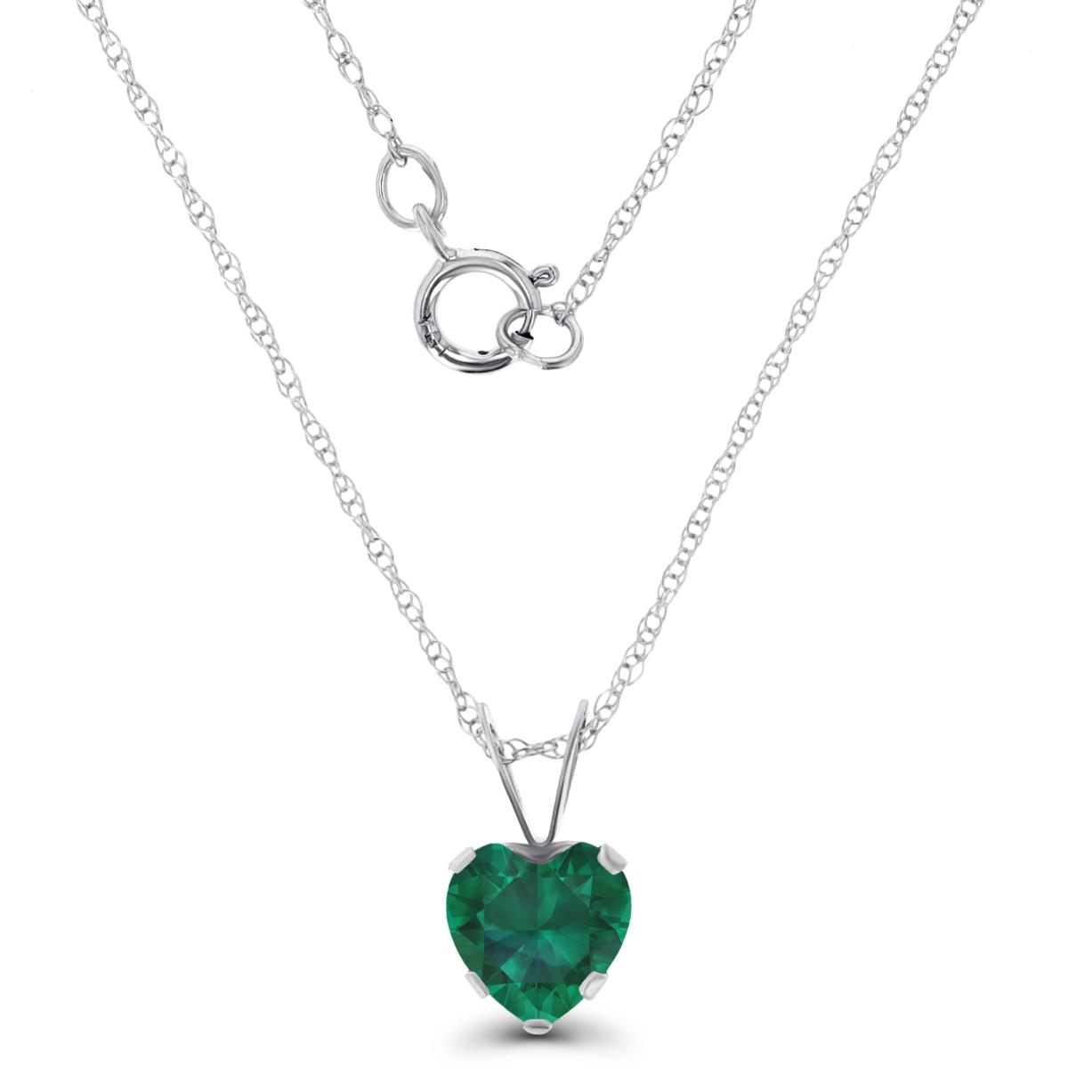 14K White Gold 6x6mm Heart Cr Emerald 18" Rope Chain Necklace