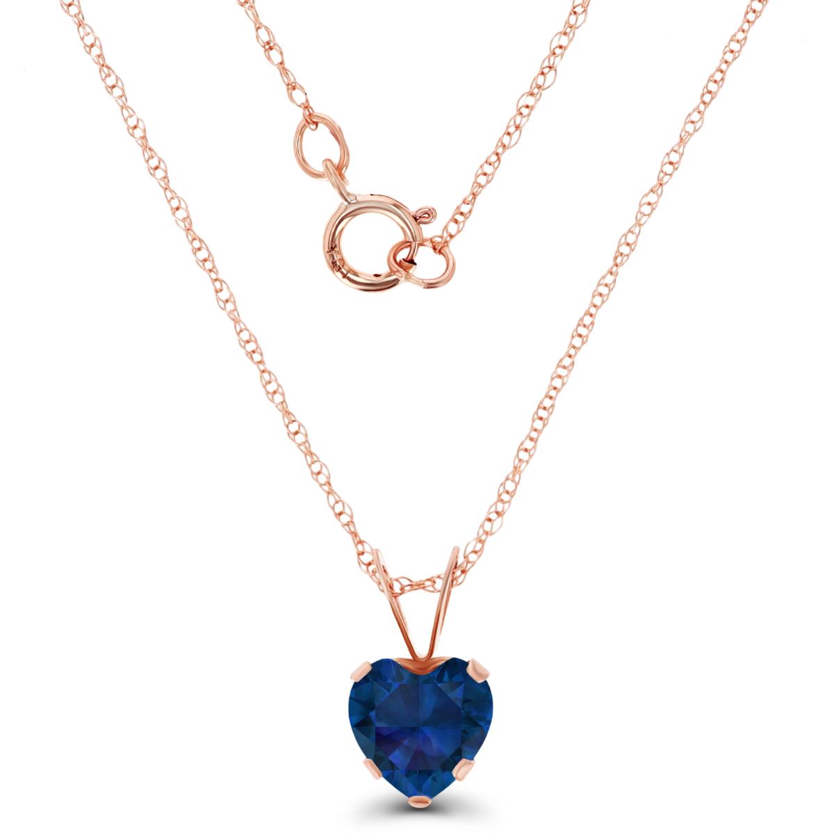 14K Rose Gold 6x6mm Heart Cr Blue Sapphire 18" Rope Chain Necklace