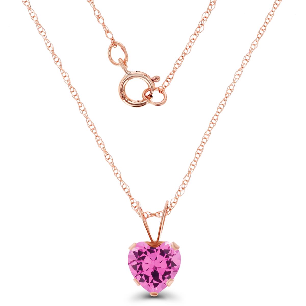 14K Rose Gold 6x6mm Heart Cr Pink Sapphire 18" Rope Chain Necklace