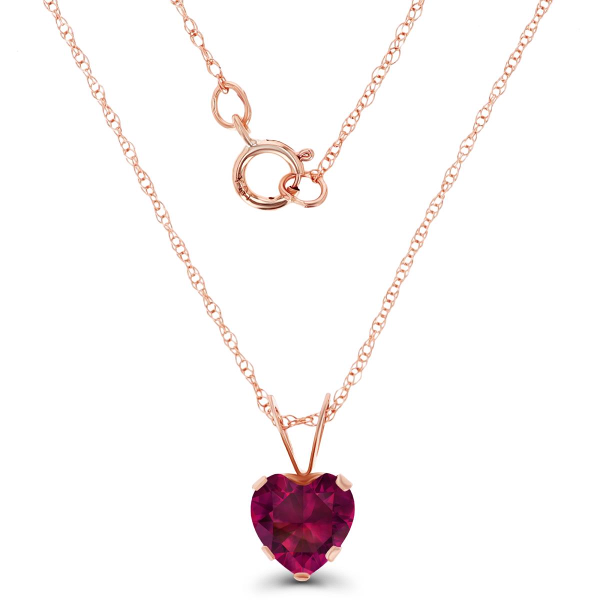 14K Rose Gold 6x6mm Heart Cr Ruby 18" Rope Chain Necklace