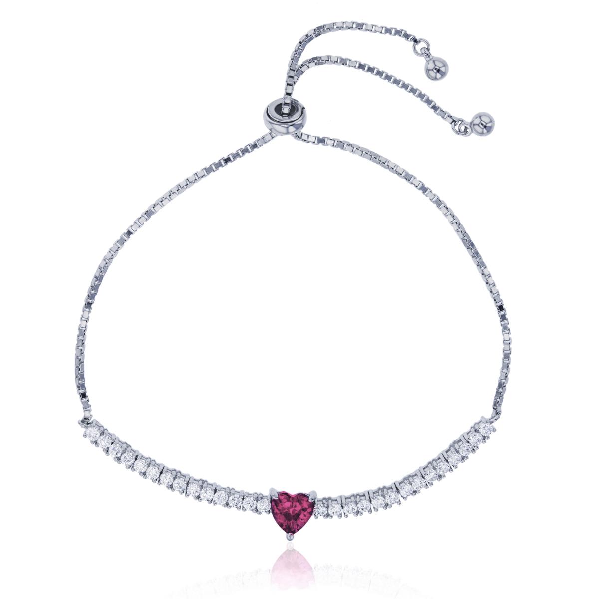 Sterling Silver Rhodium 6mm Red Ruby Glass Heart Solitaire Adjustable Bracelet
