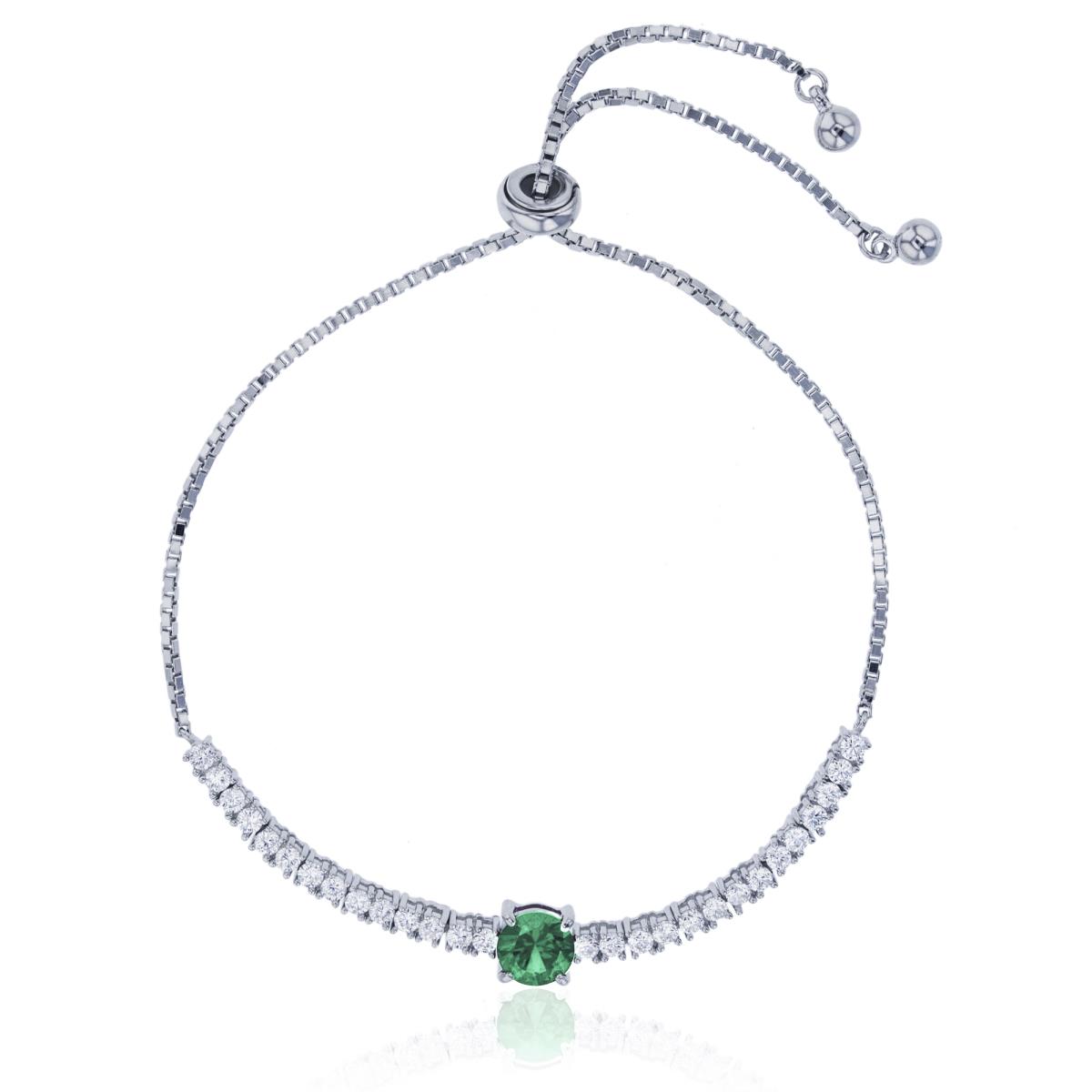 Sterling Silver Rhodium 6mm Round Cut Green Glass Solitaire Adjustable Bracelet