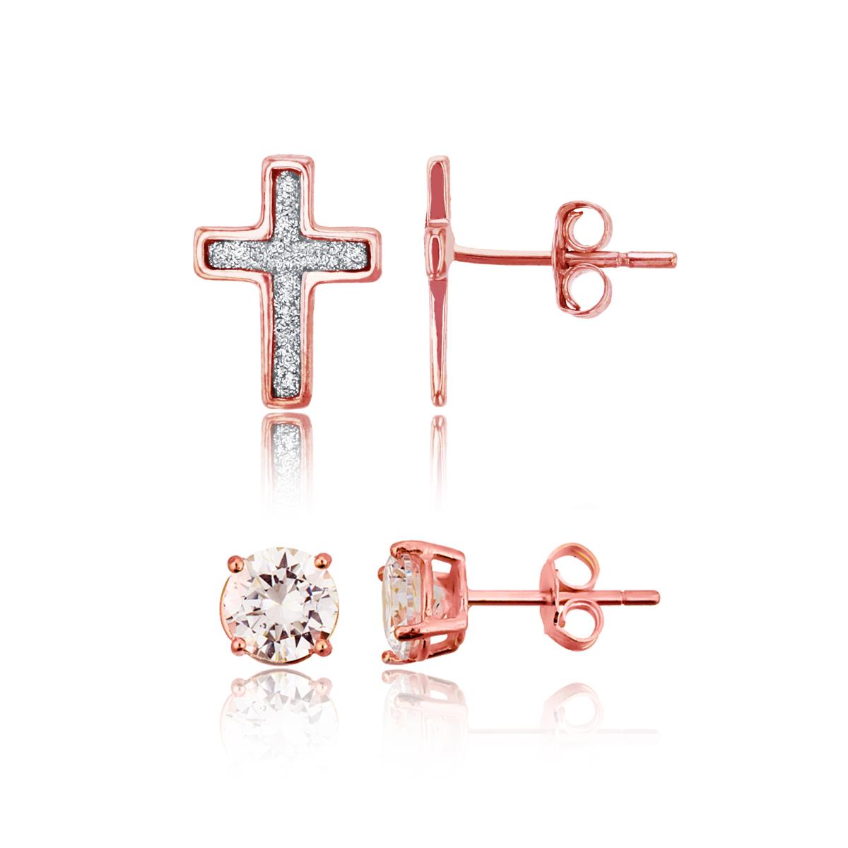 Sterling Silver Rose Glitter Cross & 8mm AAA Round Solitaire Stud Earring Set