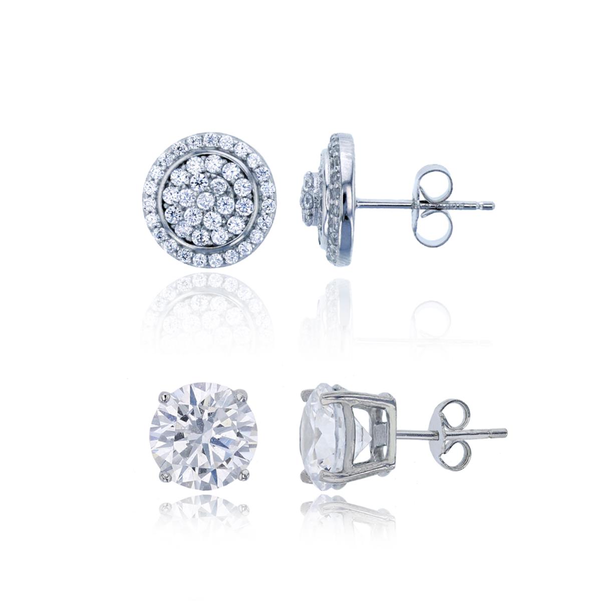 Sterling Silver Rhodium Micropave Rd CZ Circle & 8mm Rd Solitaire Stud Earring Set