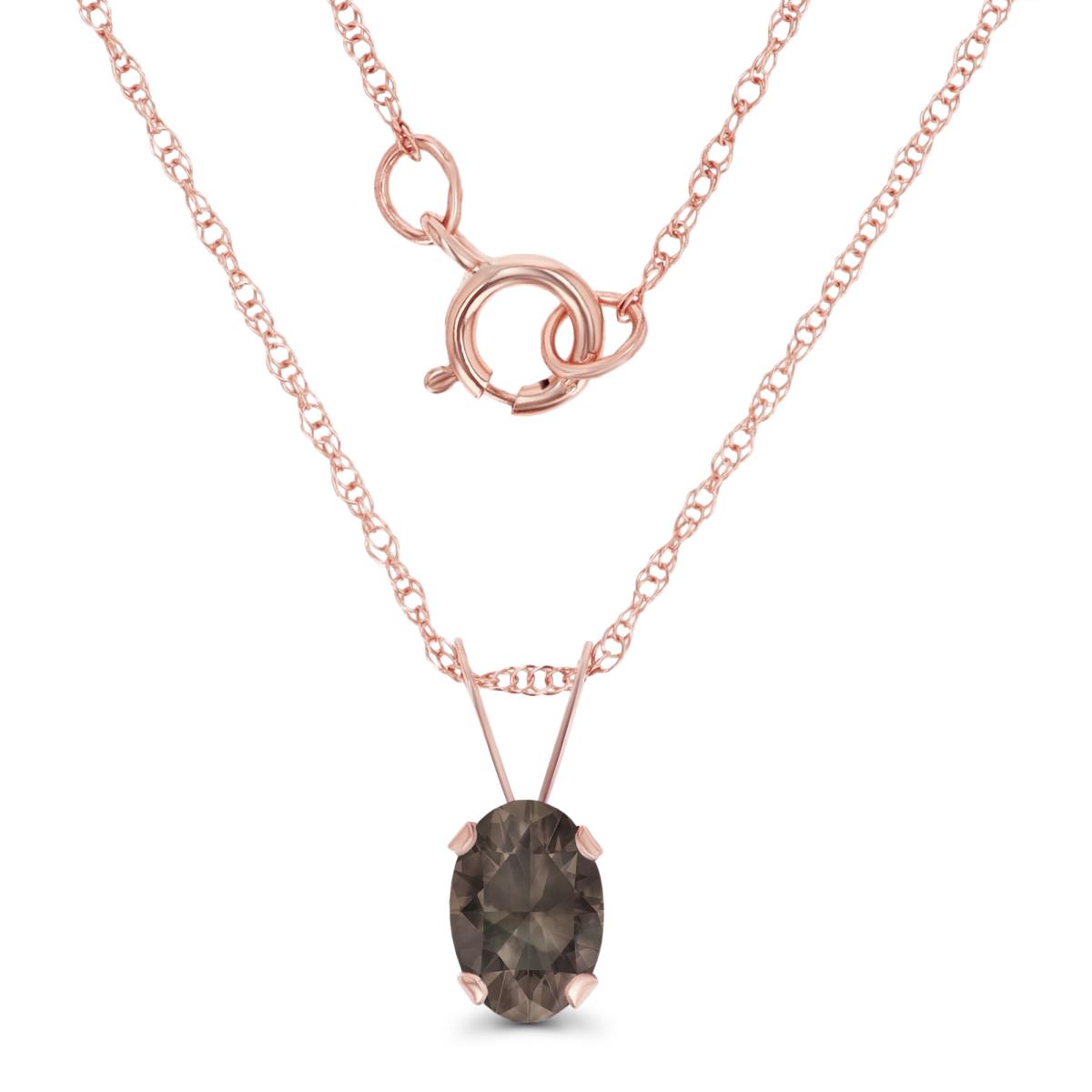 10K Rose Gold 6x4mm Oval Smokey Quartz 18" Rope Chain Necklace