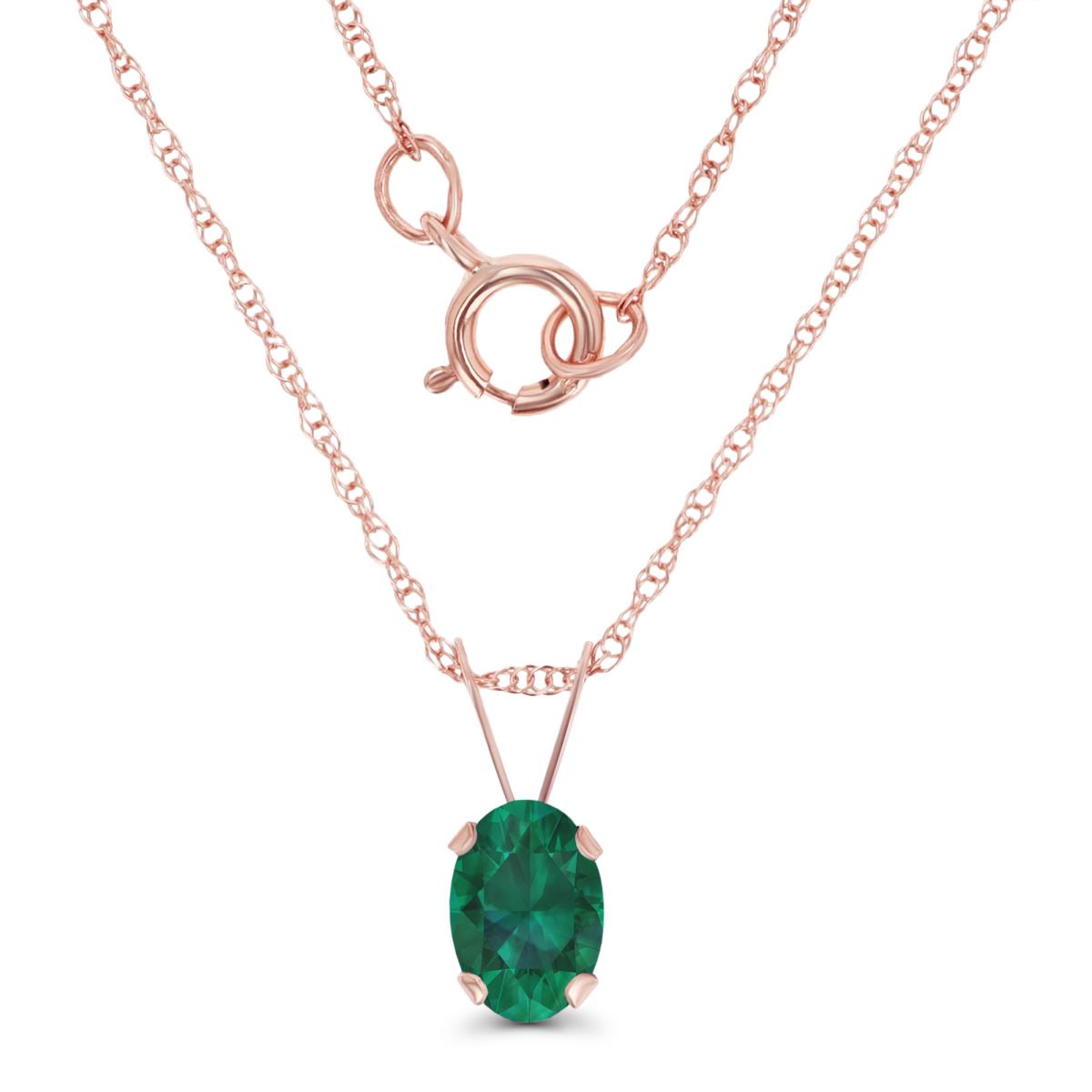 10K Rose Gold 6x4mm Oval Cr Emerald 18" Rope Chain Necklace