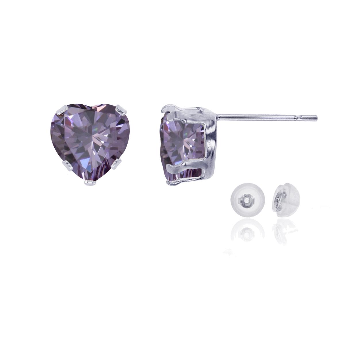 10K White Gold 6x6mm Heart Amethyst Stud Earring with Silicone Back