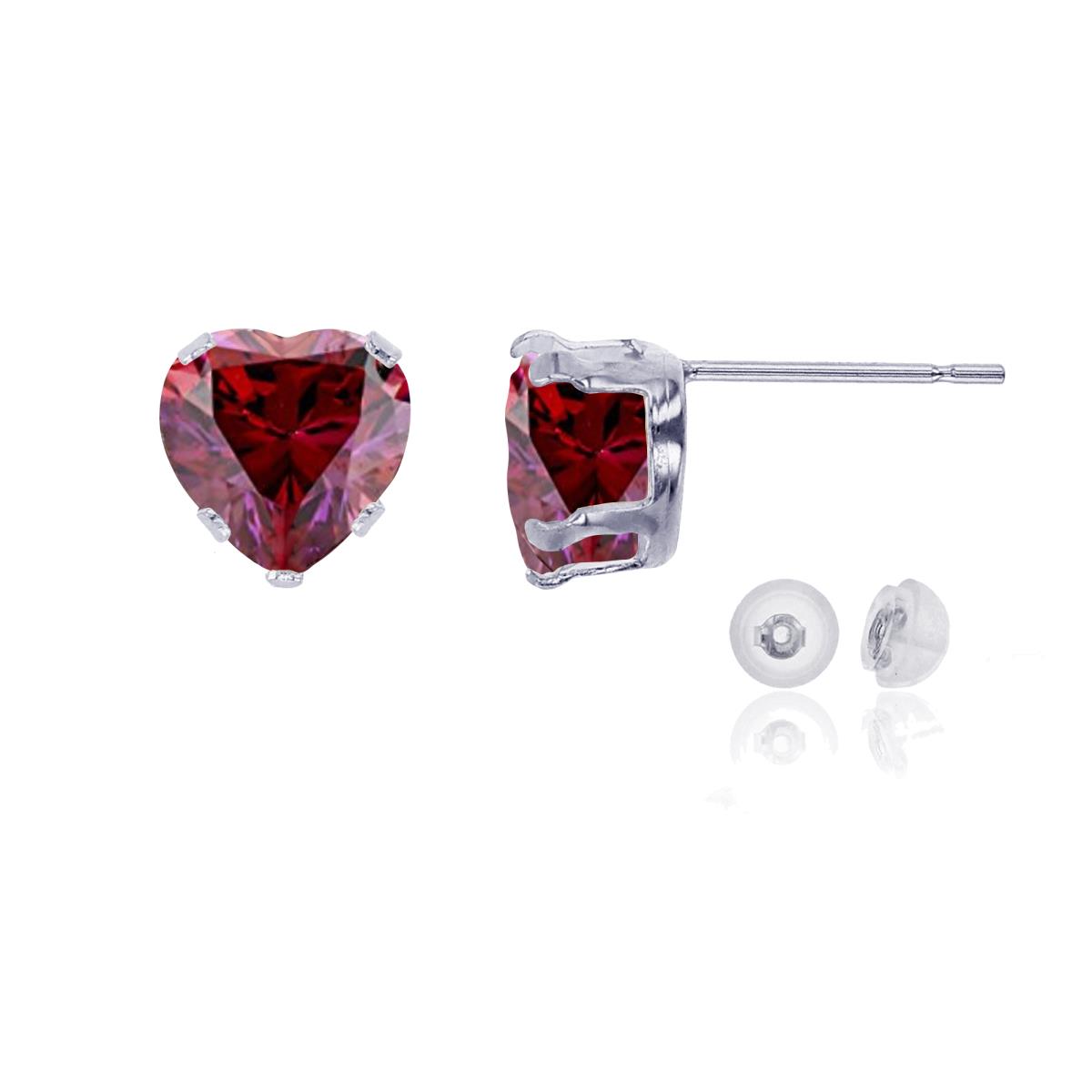 10K White Gold 6x6mm Heart Cr Ruby Stud Earring with Silicone Back