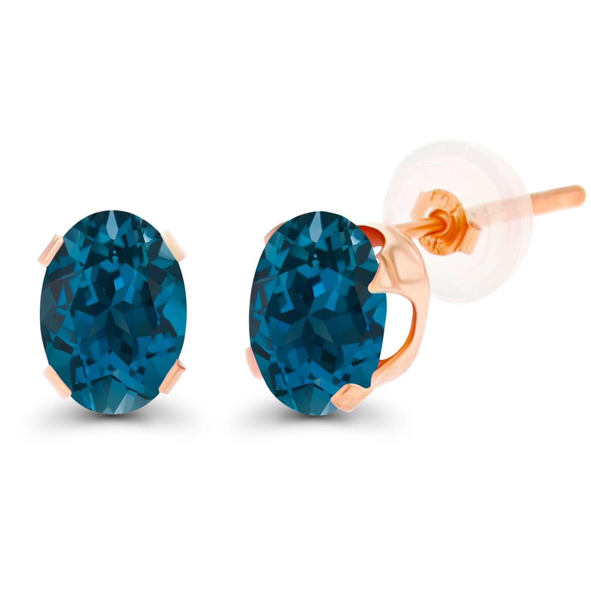 10K Rose Gold 7x5mm Oval London Blue Topaz Stud Earring with Silicone Back