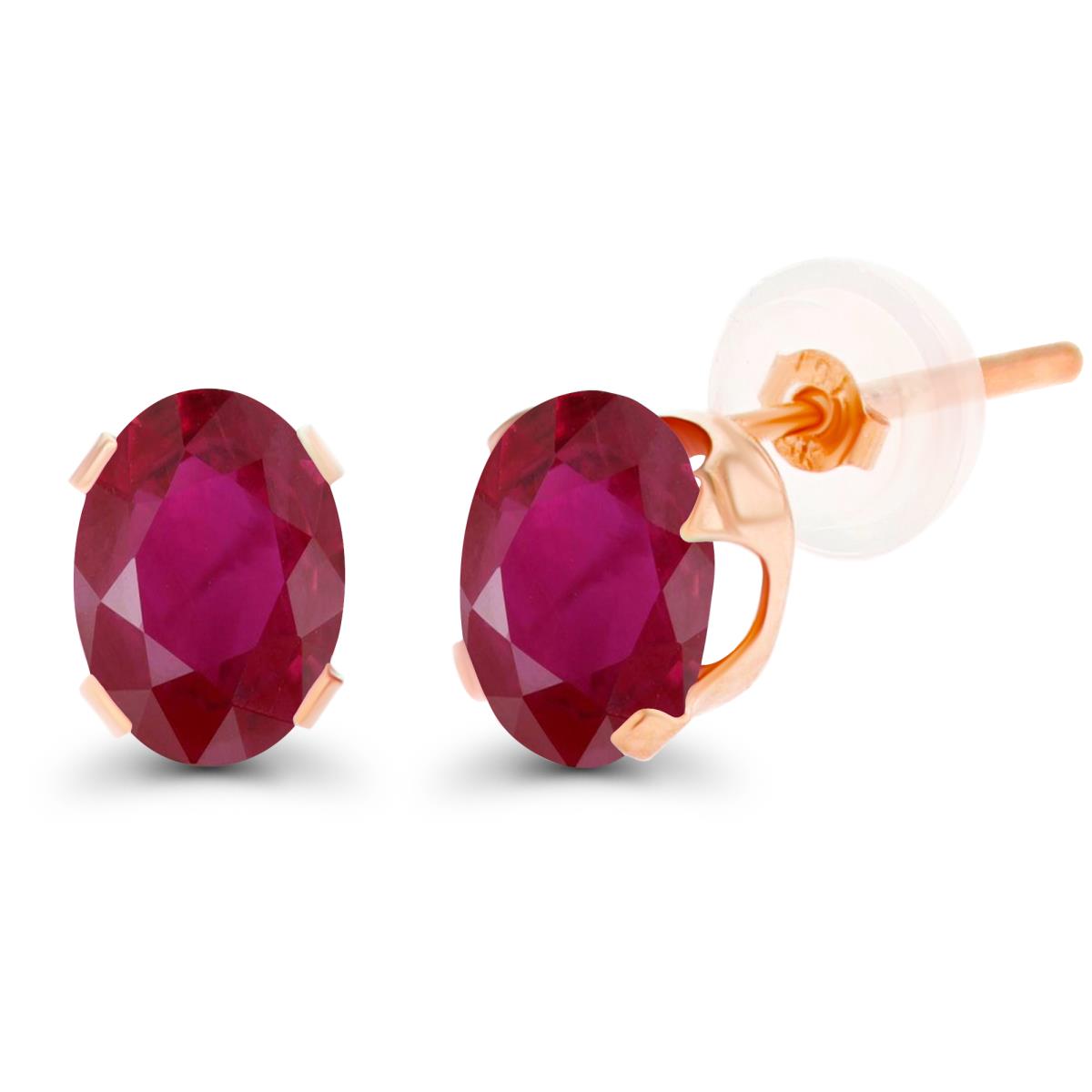 10K Rose Gold 7x5mm Oval Glass Filled Ruby Stud Earring with Silicone Back