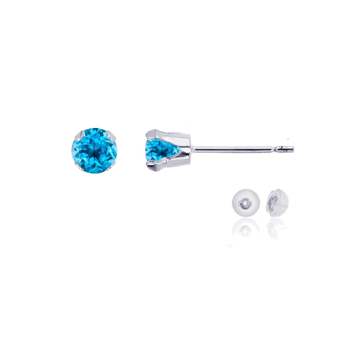 10K White Gold 4mm Round Swiss Blue Topaz Stud Earring with Silicone Back