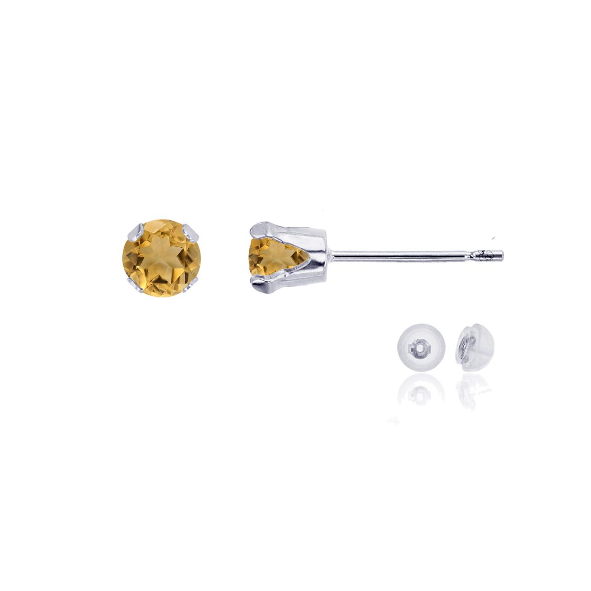 10K White Gold 4mm Round Citrine Stud Earring with Silicone Back