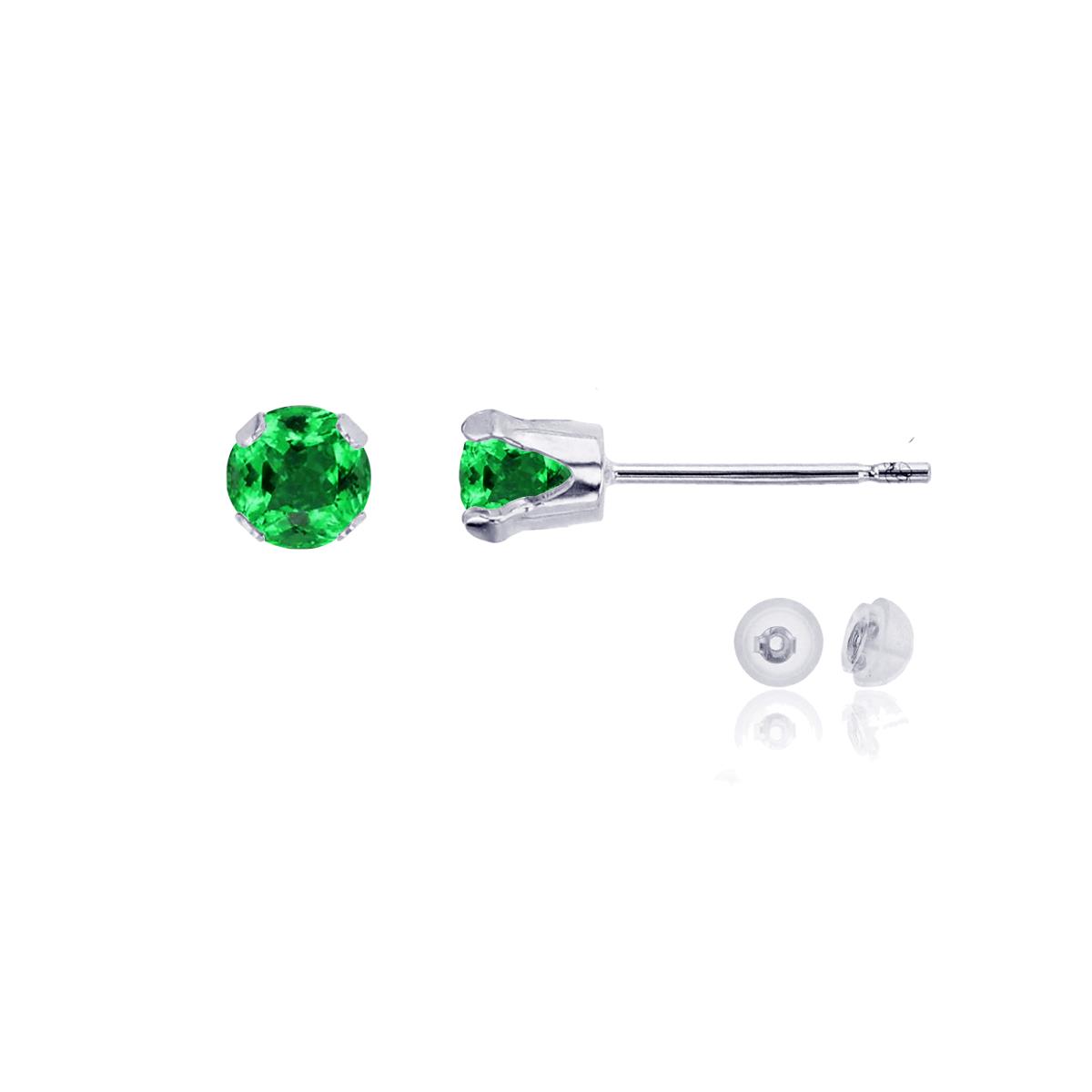 10K White Gold 4mm Round Cr Emerald Stud Earring with Silicone Back