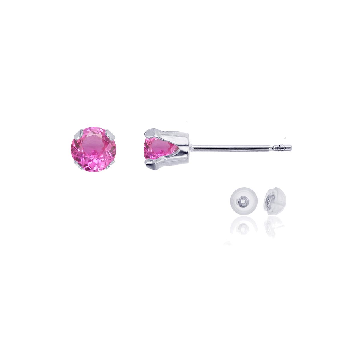 10K White Gold 4mm Round Cr Pink Sapphire Stud Earring with Silicone Back