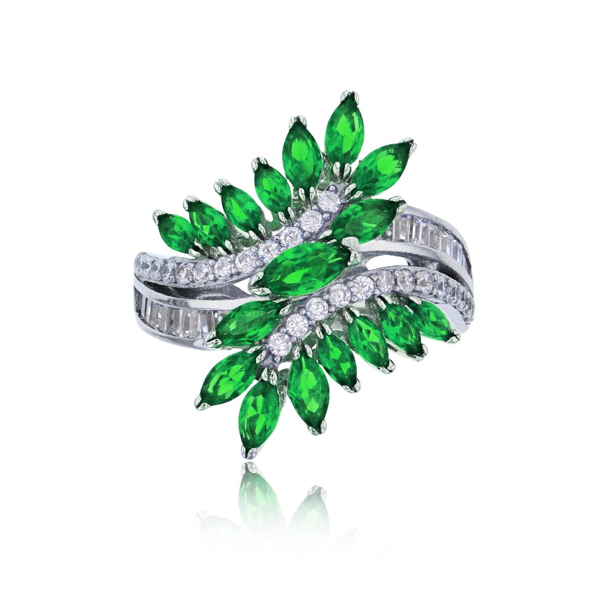 Sterling Silver Rhodium Pave White Rd & Emerald Marquise Cut CZ Leaf Branch Fashion Ring