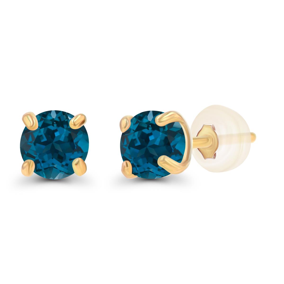 10K Yellow Gold 3mm Round London Blue Topaz Stud Earring with Silicone Back